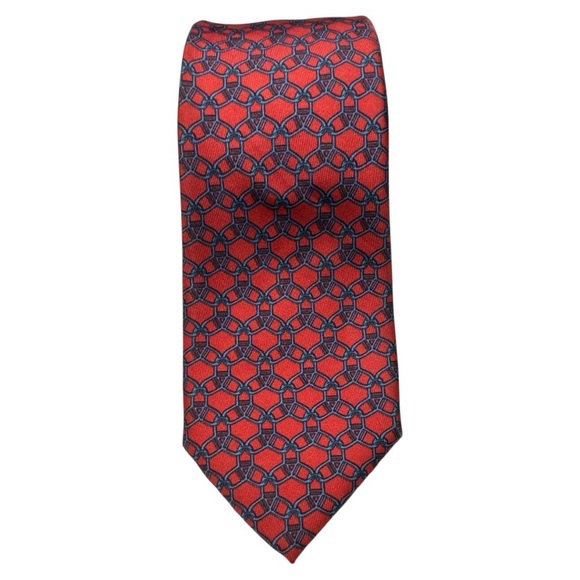 HERMÈS Paris Geometric Link Red and Blue Pattern 7075 OA Silk Tie - Picture 1 of 8